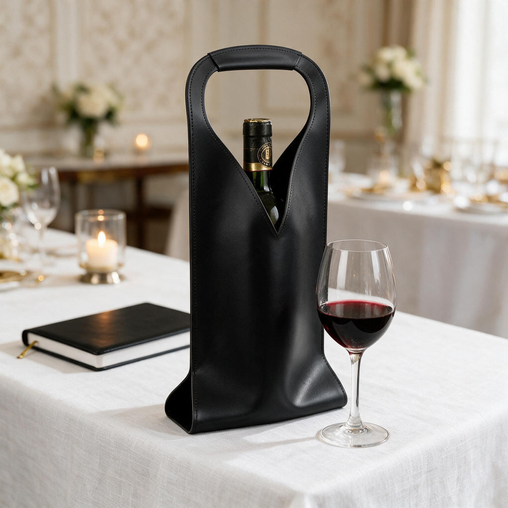 Linkidea Vegan Leather Wine Bottle Bags, 16.7" x 6.9" Wine Tote Bags for Gifts, Luxury Gift Bags for 750ml Wine Bottles, Fits Christmas Use (Black)