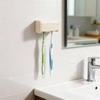 Linkidea Wall Mount Toothbrush Holder with Cover, 2 Slots Plastic Self Adhesive Brush Hanger for Shower, Compatible with Oral-B CrossAction, Colgate Renewal, Reach Essentials(Creamy)