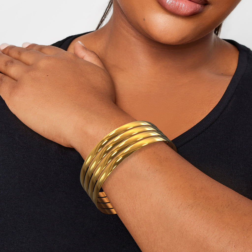 80 mm (3.15") XXL Bangle Set for Women, 6 mm Wide Gold-Tone Stainless Steel Stackable Bracelets - Fits Palm Width 110-118 mm