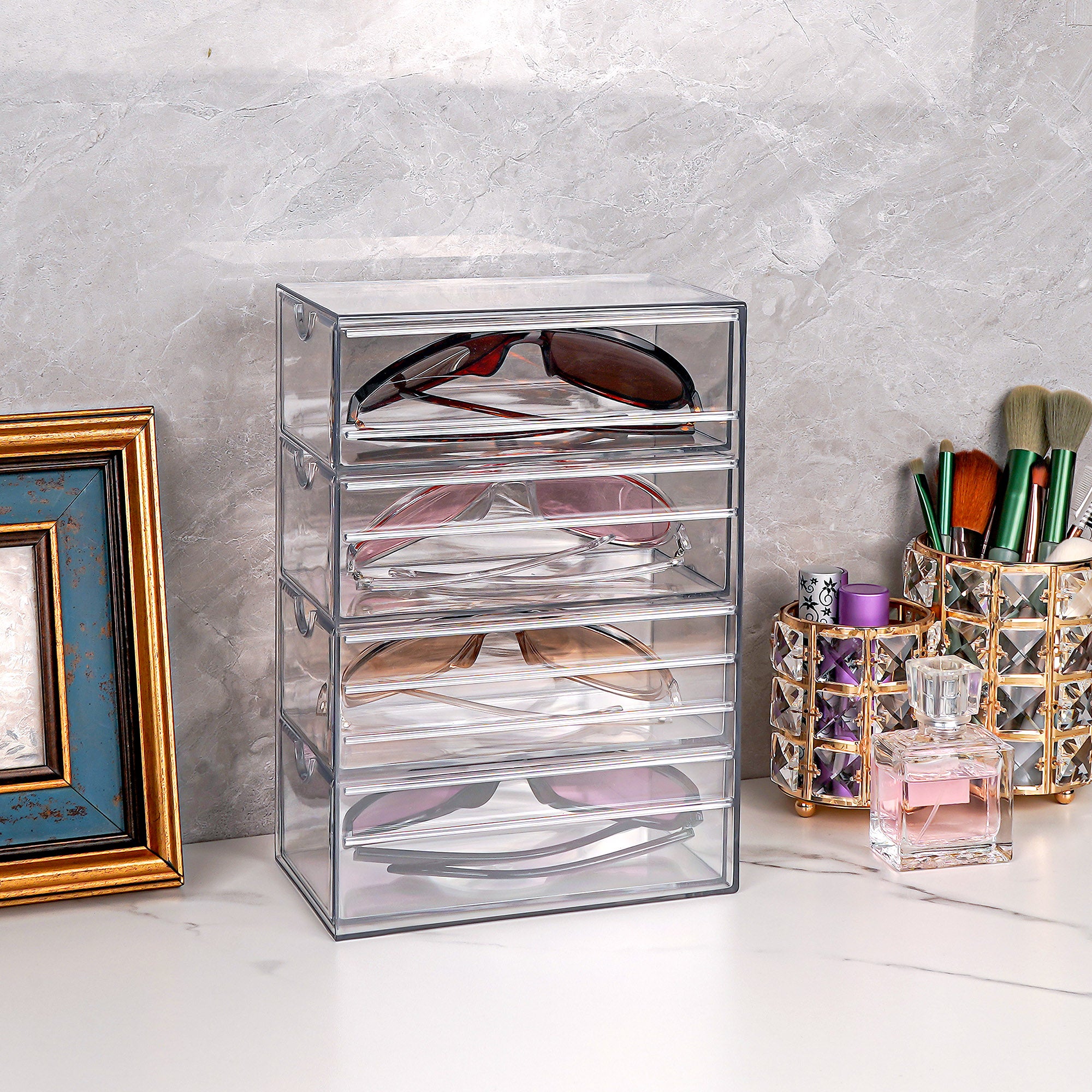 Acrylic Sunglasses Organizer for Extra Large Sunglasses, Sunspecs Holder Display Stand with 4 Drawers, Eyewear Organizer Storage Compatible with Rayban RB4098 RB4191 Persol PO3328S PO3311S