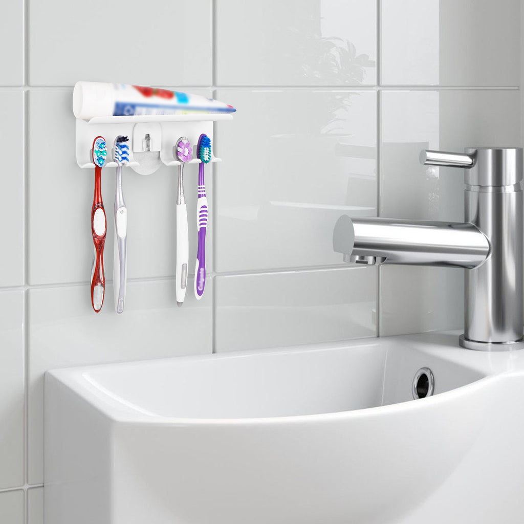 Linkidea 4 Slots Wallmount Toothbrush Holder for Bathroom, Plastic Self Adhesive Wall Mounted Tooth Brush Hanger Compatible with Colgate Extra Clean, Renewal, Oral-B CrossAction (White)