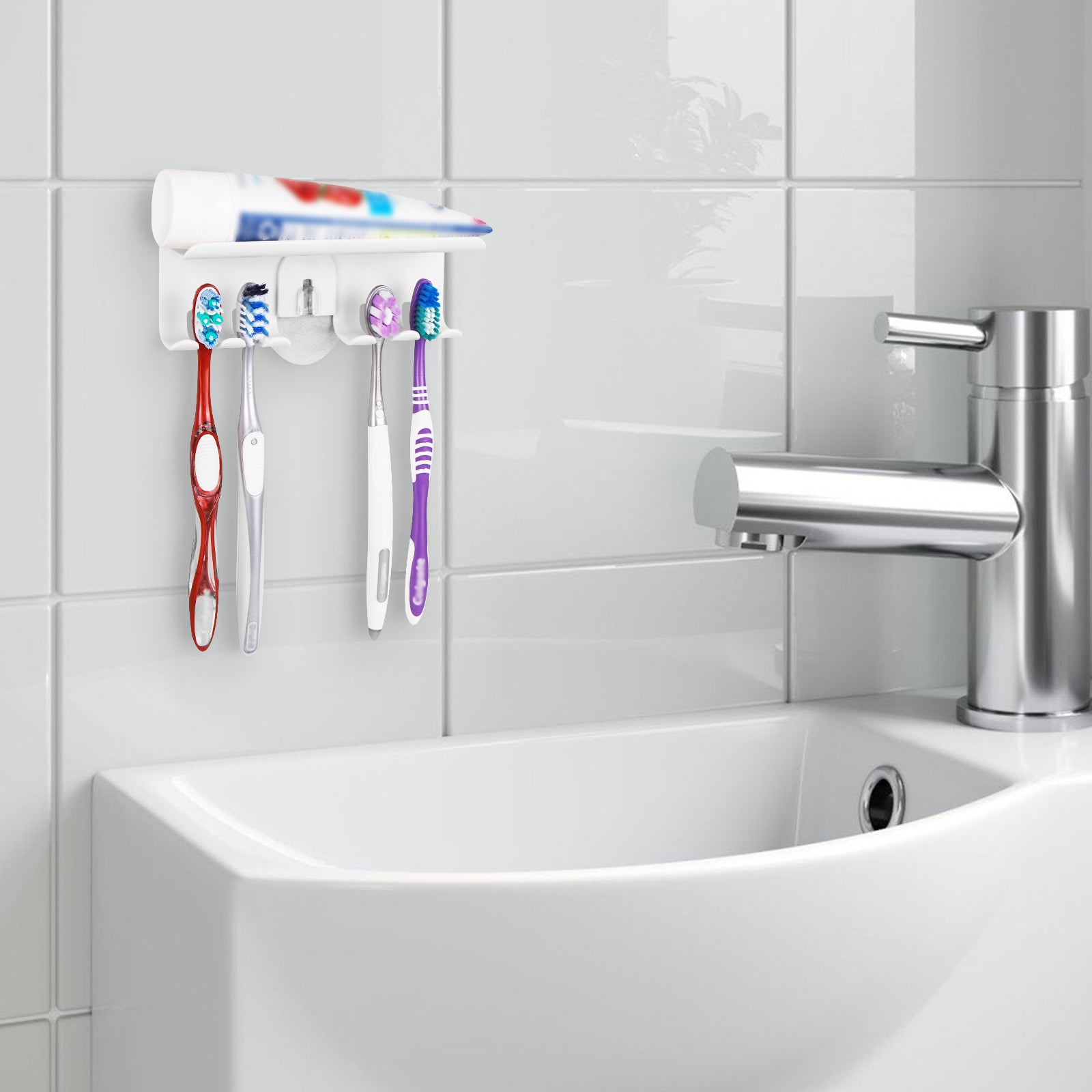 Linkidea 4 Slots Wallmount Toothbrush Holder for Bathroom, Plastic Self Adhesive Wall Mounted Tooth Brush Hanger Compatible with Colgate Extra Clean, Renewal, Oral-B CrossAction (White)