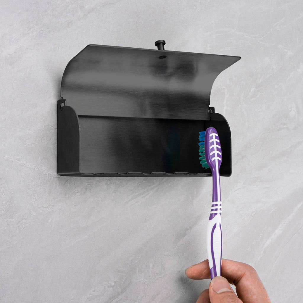 Linkidea Wall Mount Toothbrush Holder for Shower, Stainless Steel Adhesive Hanger, 6 Slots Organizer Compatible with Colgate Extra Clean, Oral-B CrossAction (Black)