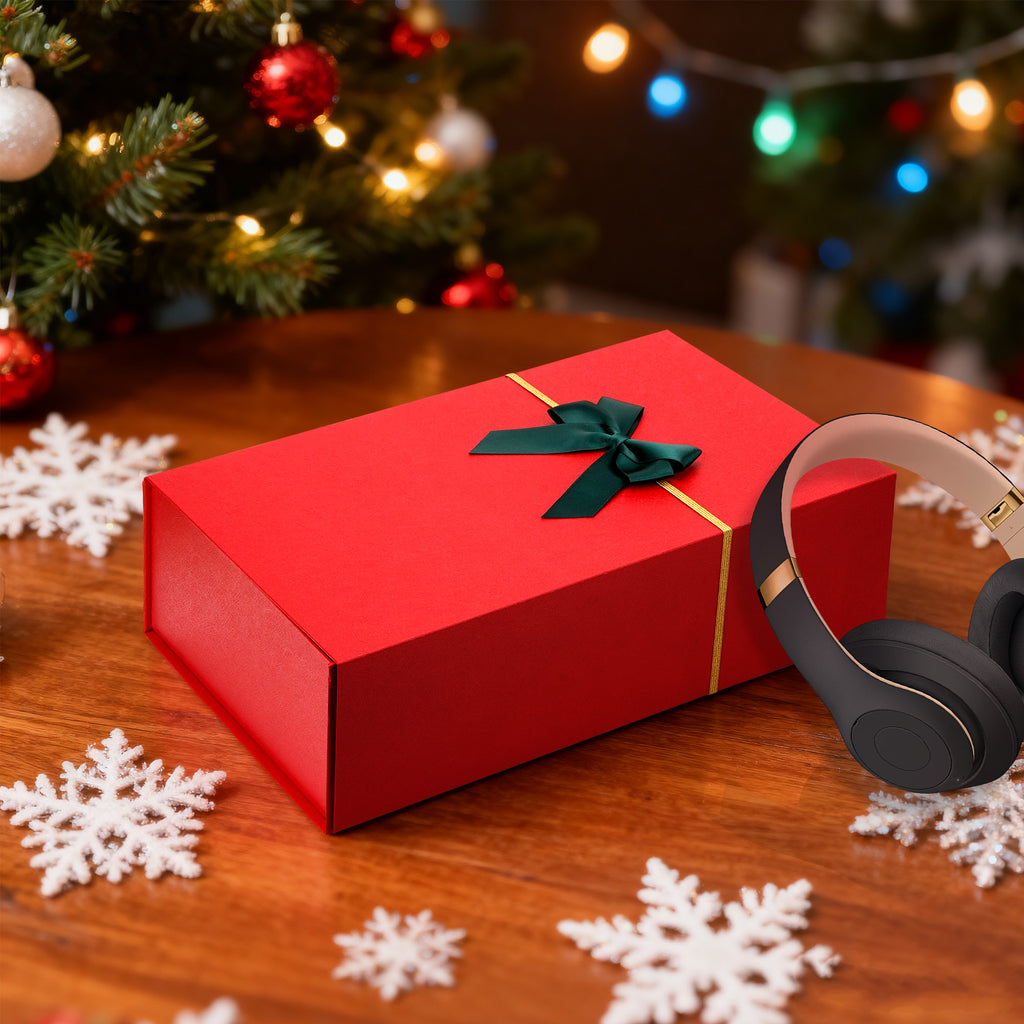 Linkidea Quick Assemble Luxury Gift Box with Magnetic Closure, Large Packaging Box with Ribbon, Shredded Paper Card, Compatible with JBL, Beats, Bose Over-Ear Headphone Gifts (Red)