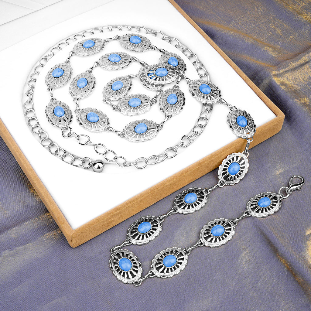 Plus Size Chain Belt for Women, Turquoise Stone Silver Metal Chain Belt Women Belly Waist Chains, Extra Long Body Chain, 59 Inch Adjustable Chunky Belt Chain