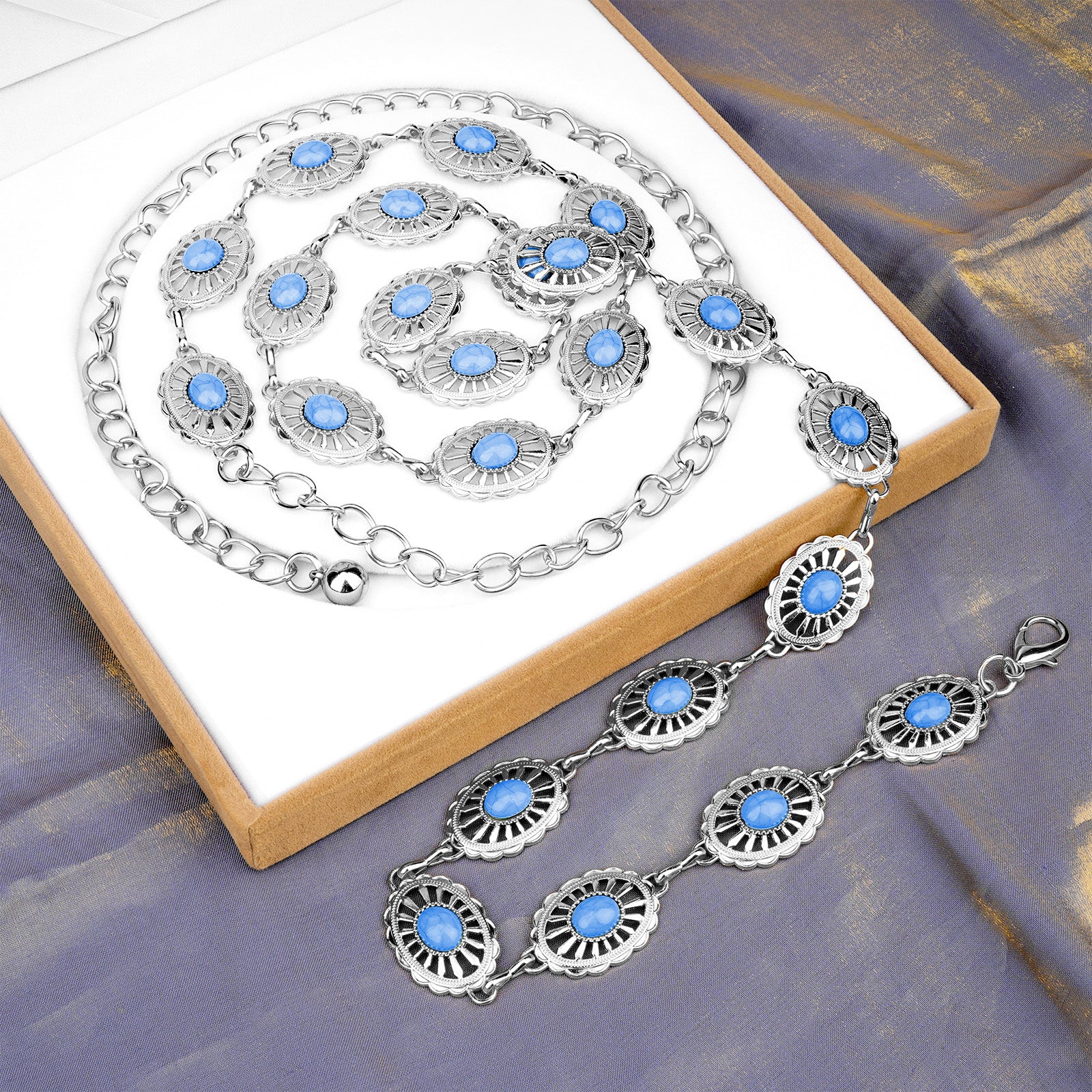 Plus Size Chain Belt for Women, Turquoise Stone Silver Metal Chain Belt Women Belly Waist Chains, Extra Long Body Chain, 59 Inch Adjustable Chunky Belt Chain