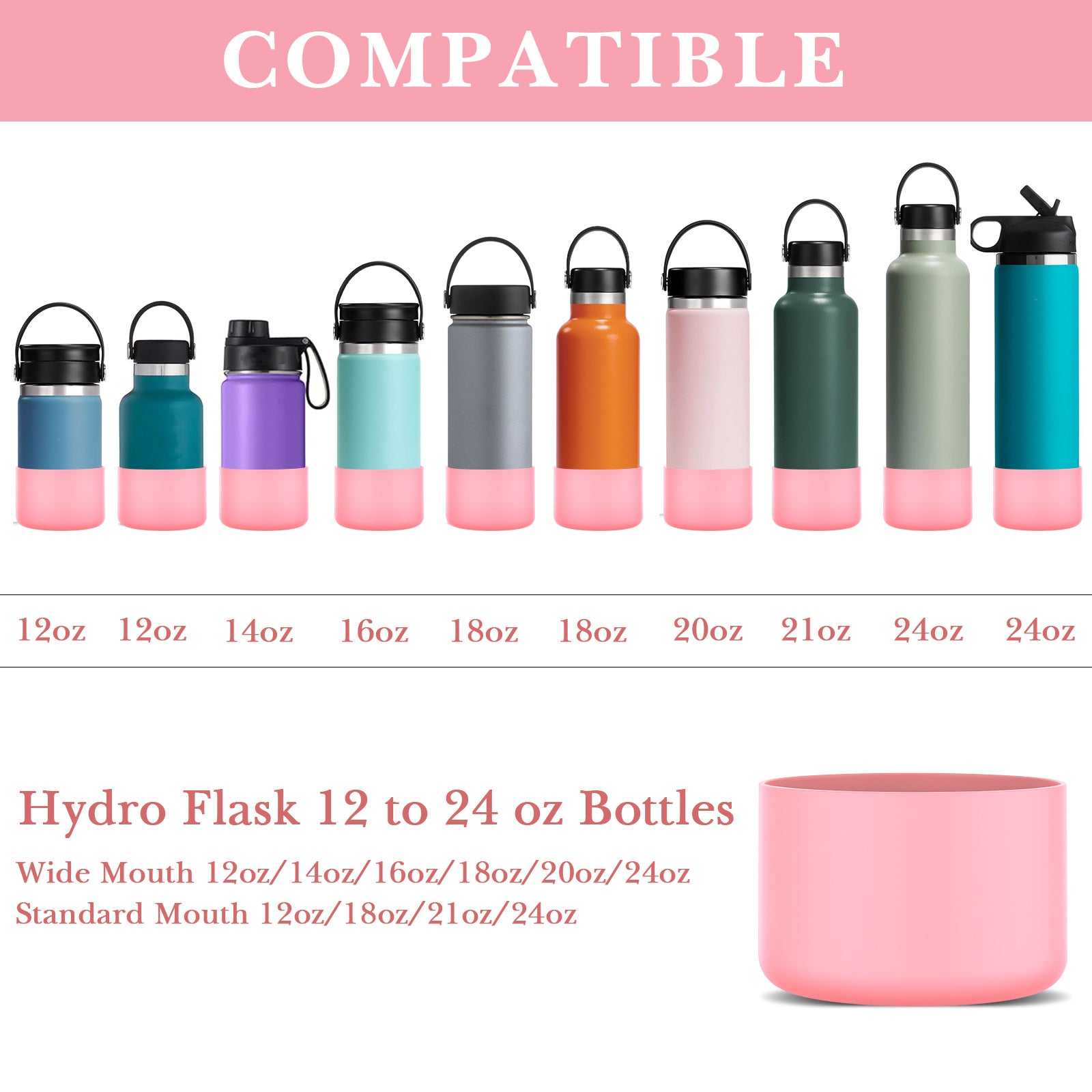 Linkidea 2 Pack Water Bottle Boot Compatible with Hydro Flask Wide Mouth 12oz/14oz/16oz/18oz/20oz, Silicone Bottle Bottom Sleeve Bumper Protector (Light Pink)
