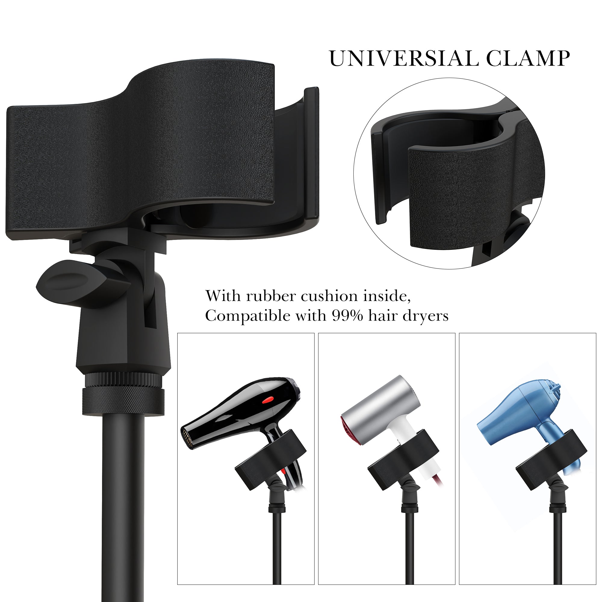 Hair Dryer Stand Hands Free, Heavy Duty 24 to 76 inches Adjustable Blow Dryer Holder with Non-Slip Tripod and Universal Clip for Salons and Home Use
