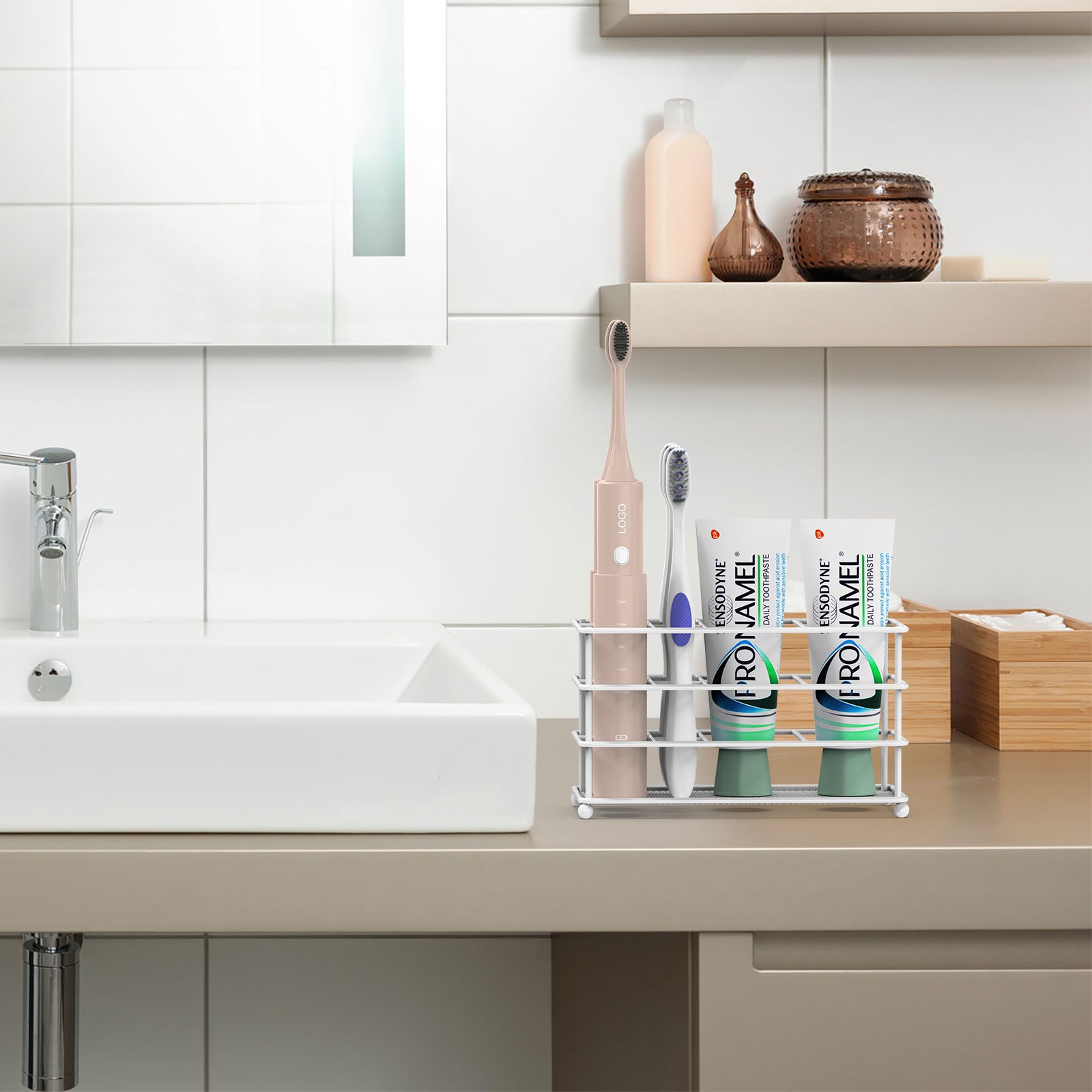 Linkidea Ventilated Toothbrush Holder Wall Mounted, Non-Slip Electric Toothbrush Holder Toothpaste Storage Organizer, 7 Slots Multifunctional Rack for Razor, Shaver, Comb (White)
