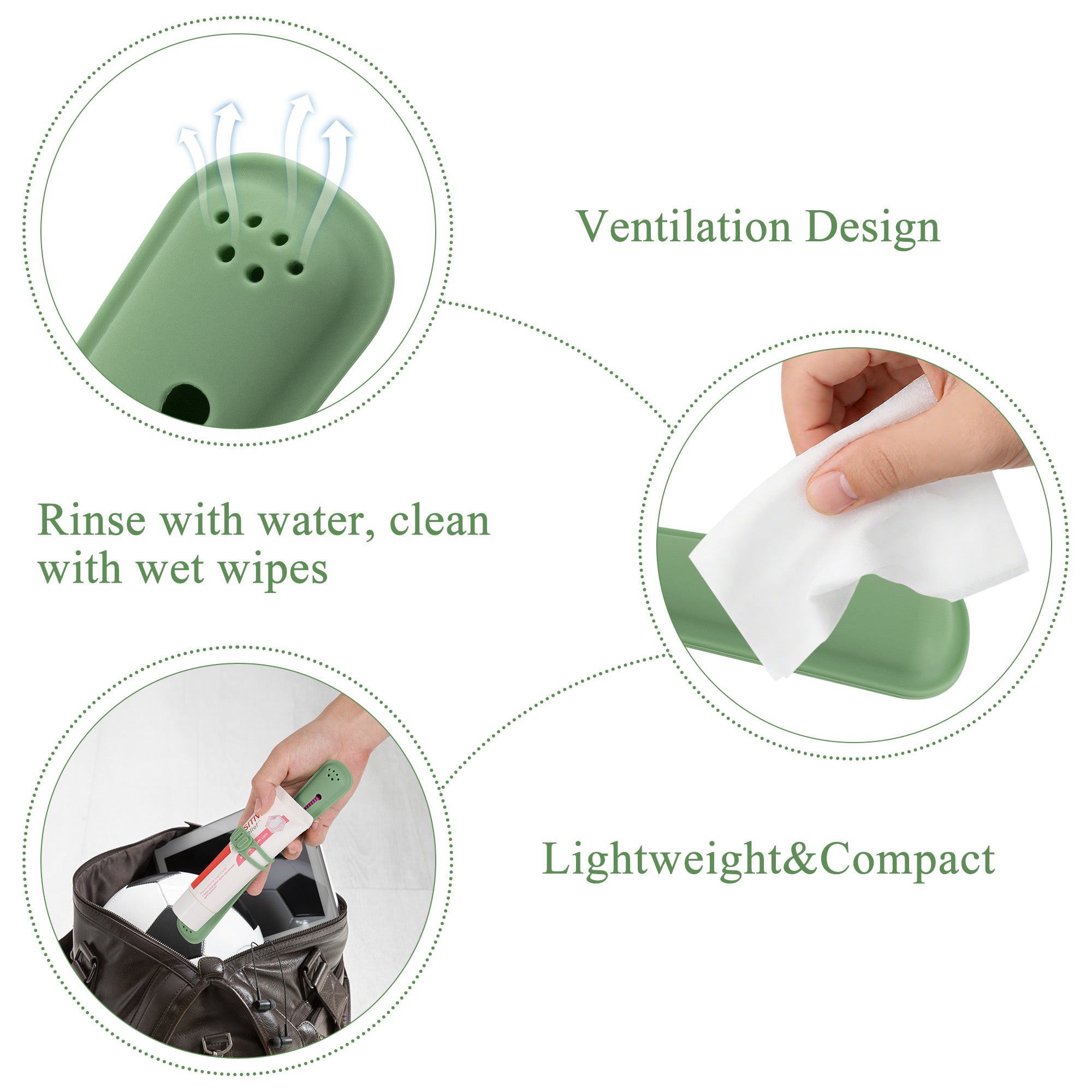 Linkidea Manual Toothbrush Travel Case with Strap for Toothpaste, Silicone Brush Container, Protective Storage Compatible with Oral-B CrossAction, Colgate 360 Optic White Advanced (Green)