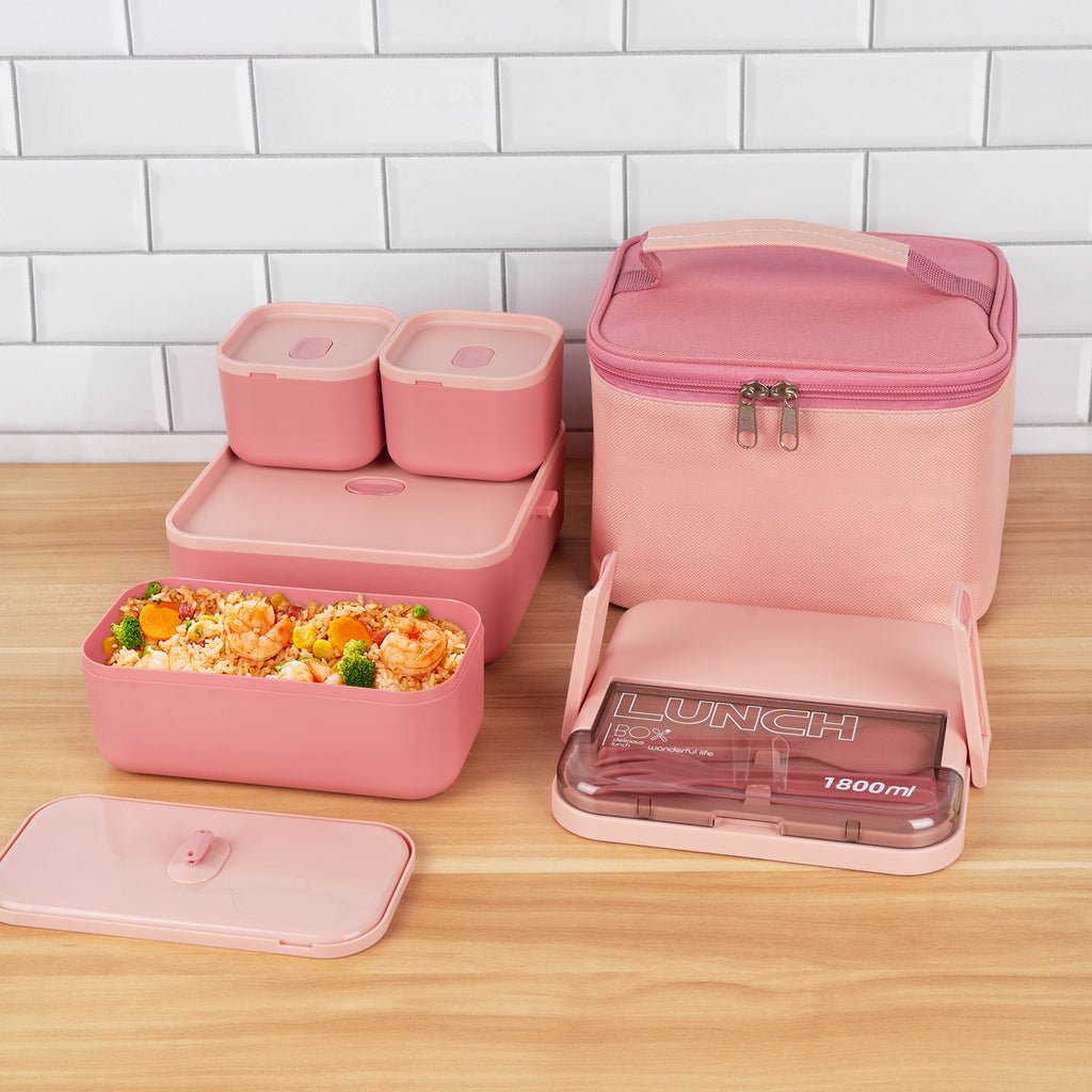 Linkidea Bento Box with Lunch Bag, Reusable Food Container with 2 Layers Multi Compartment and Flatware, Storage Box with Leak-Proof Lids Safe in Microwave/Dishwasher/Freezer (1800ML, Pink)