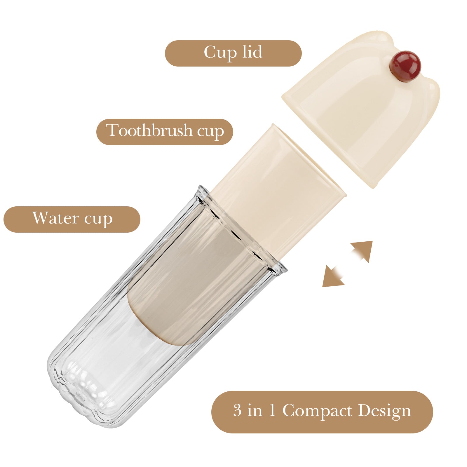 Linkidea Travel Toothbrush Toothpaste Container Cup, 3 in 1 Tooth Brush Holder with Mouthwash Cup, Multifunctional Toothbrush Case Compatible with Colgate Extra Clean, Oral-B CrossAction (Beige)