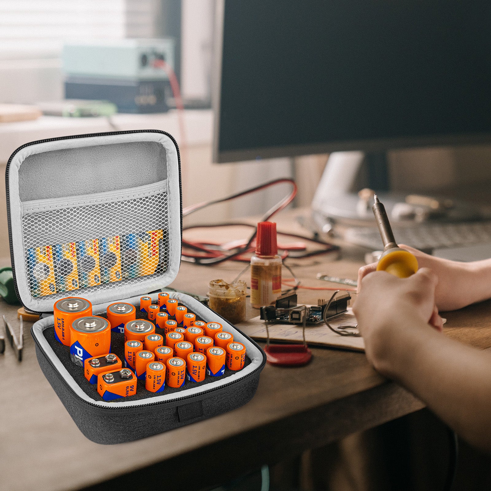 Linkidea Small Hard Case Battery Organizer Storage Box, Batteries Carrying Holder Container - Holds 34 Various Sizes AA AAA 9V C D Batteries (Dark Grey)