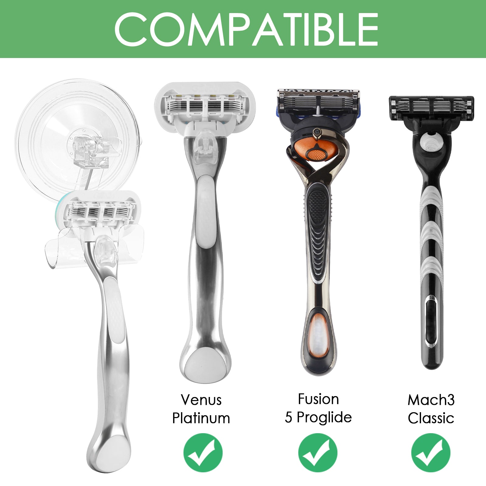 Linkidea 3 Pack Razor Holder for Shower, Wall Mounted Suction Cup Shaver Hanger Hooks, Compatible with Gillette Venus Platinum, Fusion 5 Proshield & Proglide, Mach 3 Classic