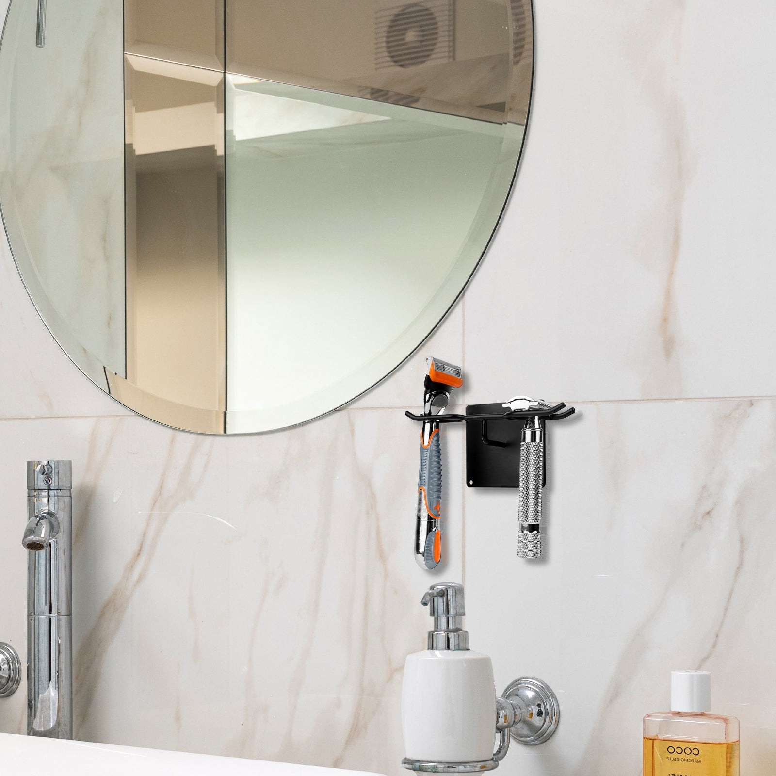 Linkidea Stainless Steel Shower Razor Holder, Wall Mount Safety Razor Stand for Bathroom, Compatible with Gillette Fusion 5 Power, Venus Platinum & ComfortGlide, Merkur MK-23C (Black)