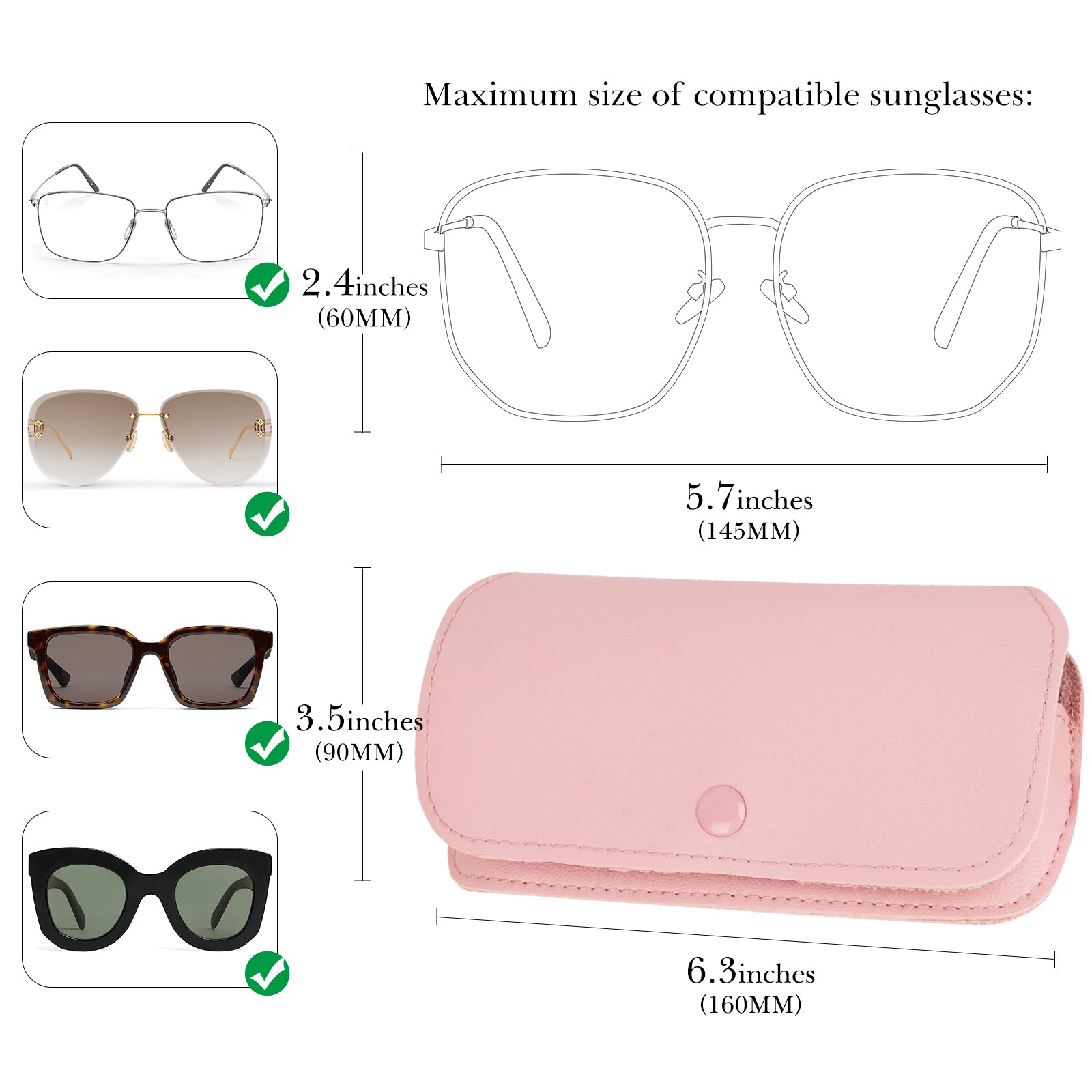 Extra Large Sunglasses Pouch Case with Carrying Strap, Vegan Leather Pink Eyeglasses Organizer Soft Bag Compatible with Rayban RB2132 RB4416 RB2241 RB3548 RB2398F RB4246