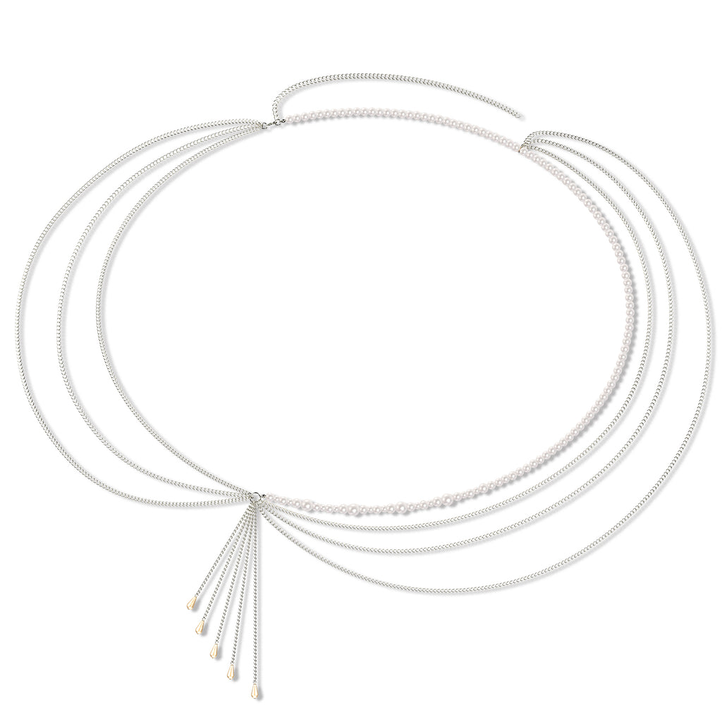 Plus Size Chain Belt for Women, Silver Color and White Faux Pearl Waist Chains, Extra Long Body Chain, 47-59 Inch Adjustable Chunky Belt Chain