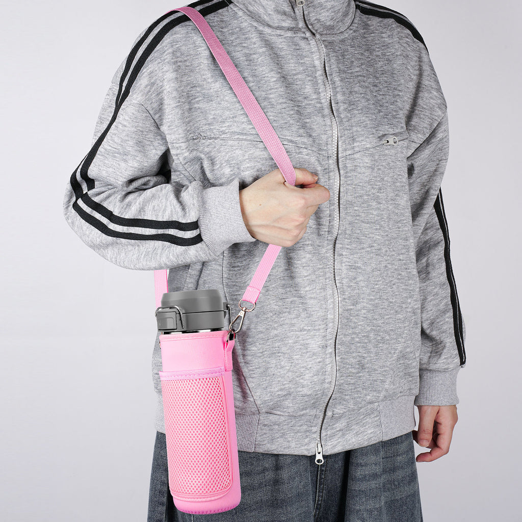 Linkidea Water Bottle Carrier with Strap Compatible with Stanley Quick Flip GO 24/36oz, IceFlow Fast Flow 24/36oz, Waterbottle Sling Bag Holder, Shoulder Strap with Phone Mesh Pocket, Pink