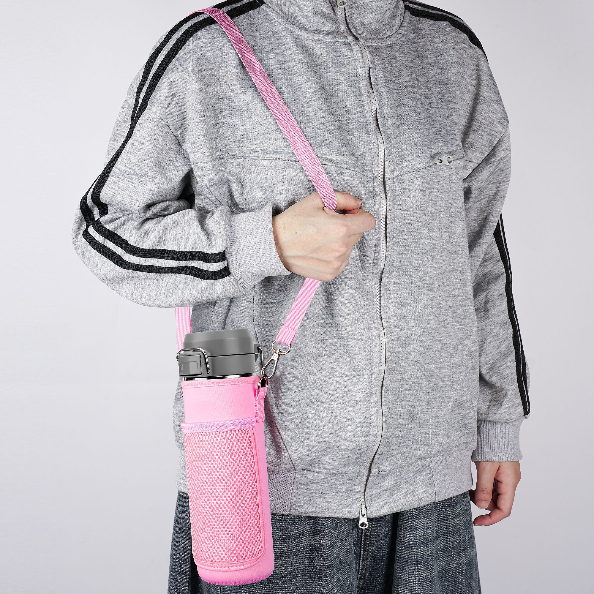Linkidea Water Bottle Carrier with Strap Compatible with Stanley Quick Flip GO 24/36oz, IceFlow Fast Flow 24/36oz, Waterbottle Sling Bag Holder, Shoulder Strap with Phone Mesh Pocket, Pink