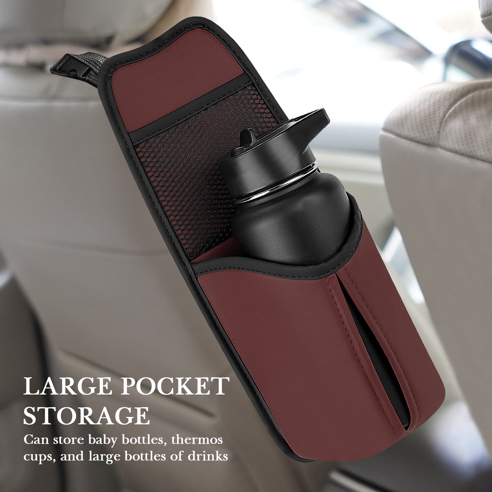 Linkidea Car Seat Side Water Bottle Organizer Compatible with YETI Rambler Bottle 26oz/36oz, Owala FreeSip 32oz/40oz, Vehicle Seat Side Storage Hanging Bag Holder for Large Bottles, Wine Red