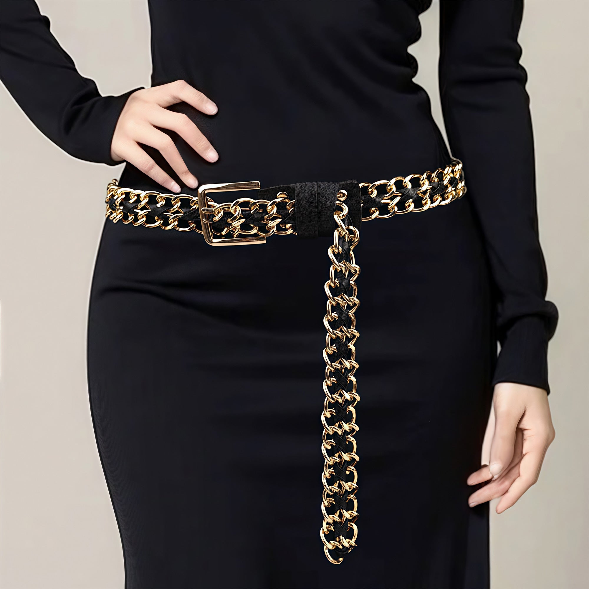 Plus Size Chain Belt for Women, Gold Black Color Trendy Waist Belt, 43.3 Inch Adjustable Body Chunky Chain for Dresses, Party, Casual Wear, Fashion Jewelry Accessory