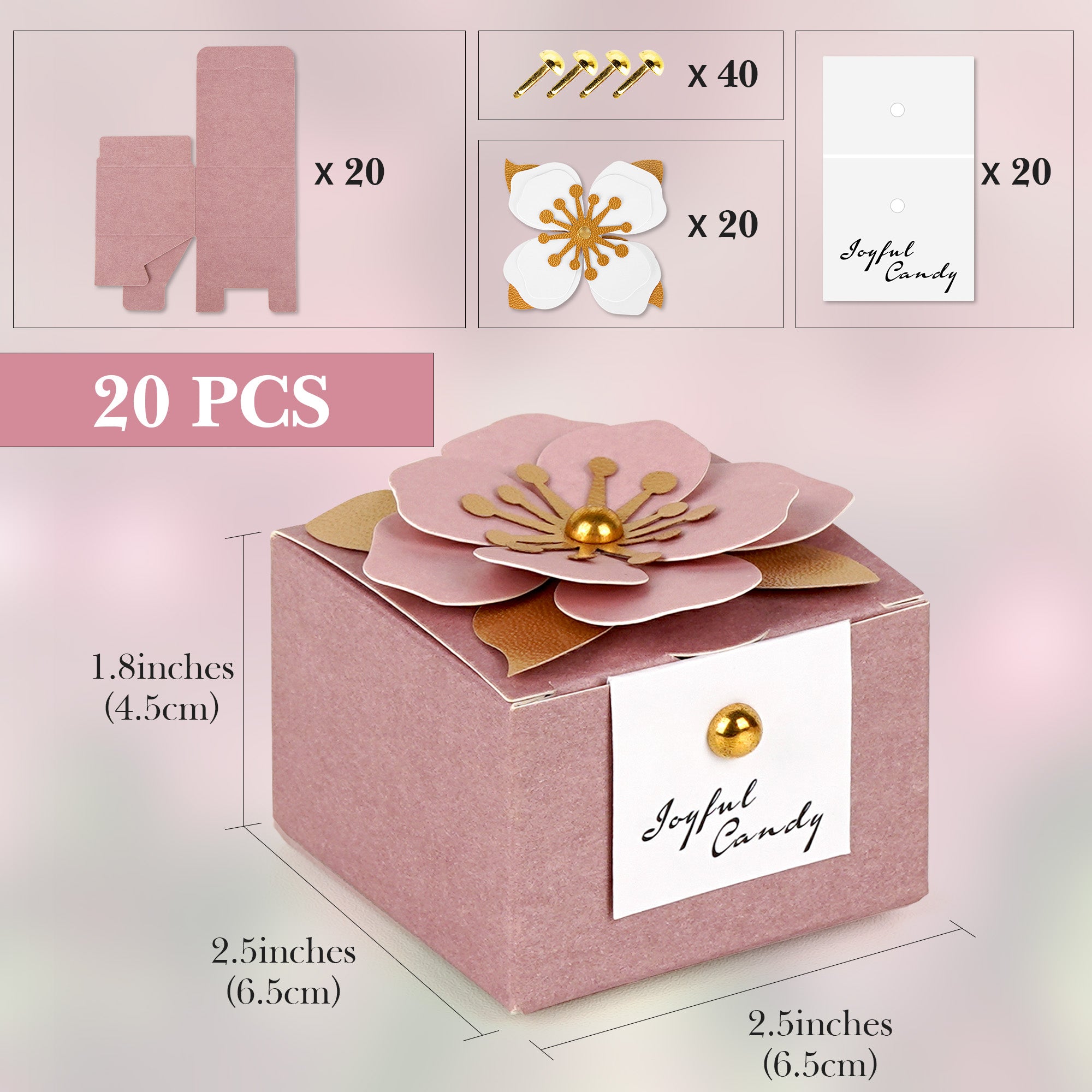 Linkidea 20 Pcs Pink Floral Folding Candy Gift Boxes 2.55" x 2.55" x 1.77" for Wedding Favors, Elegant Party Thank You Boxes with Tags