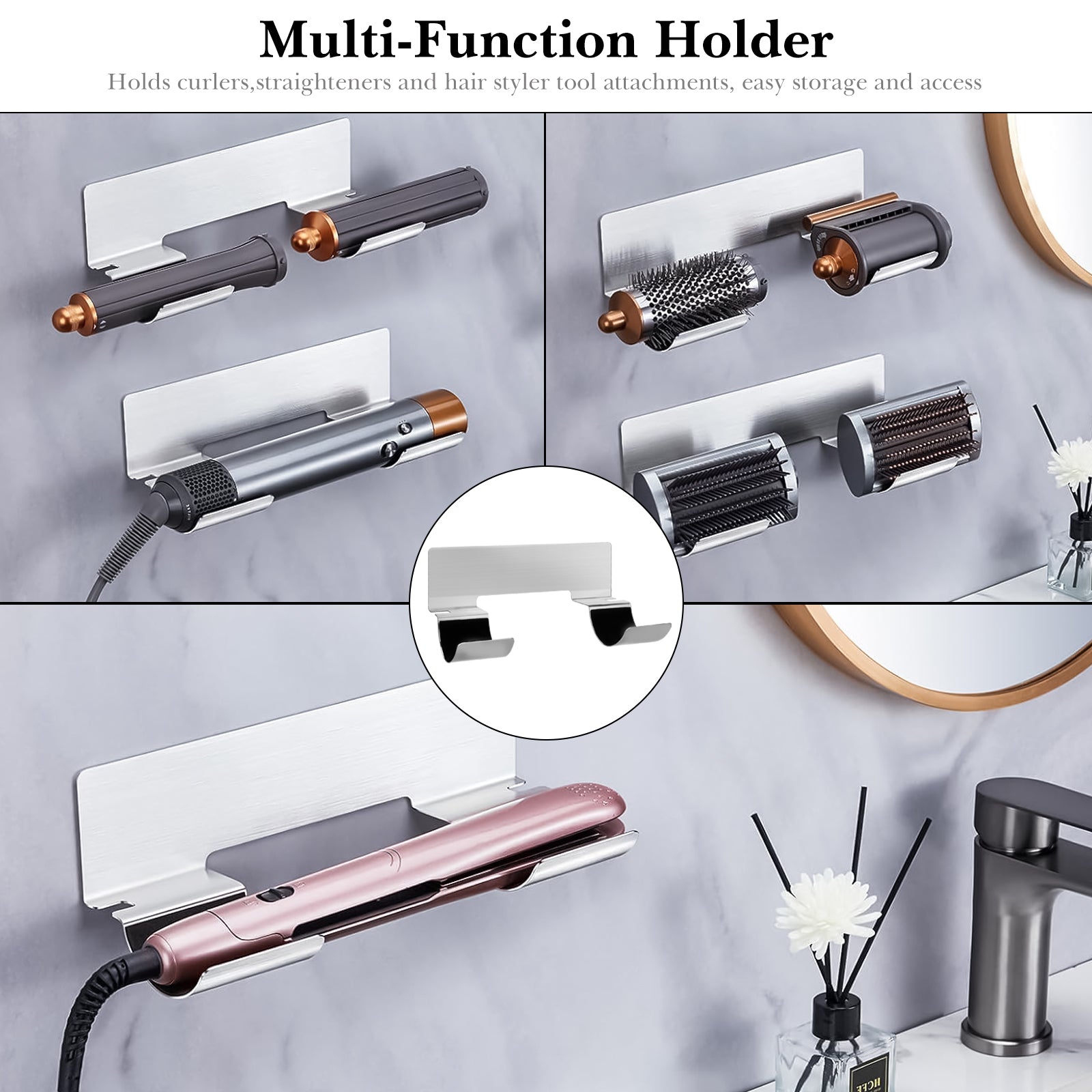 Linkidea Hair Dryer Holder, Stainless Steel Hair Tool Organizer with Adhesive, Wall Mounted Hair Tools Holder Fits Curling Wands, Hair Straightener Organize