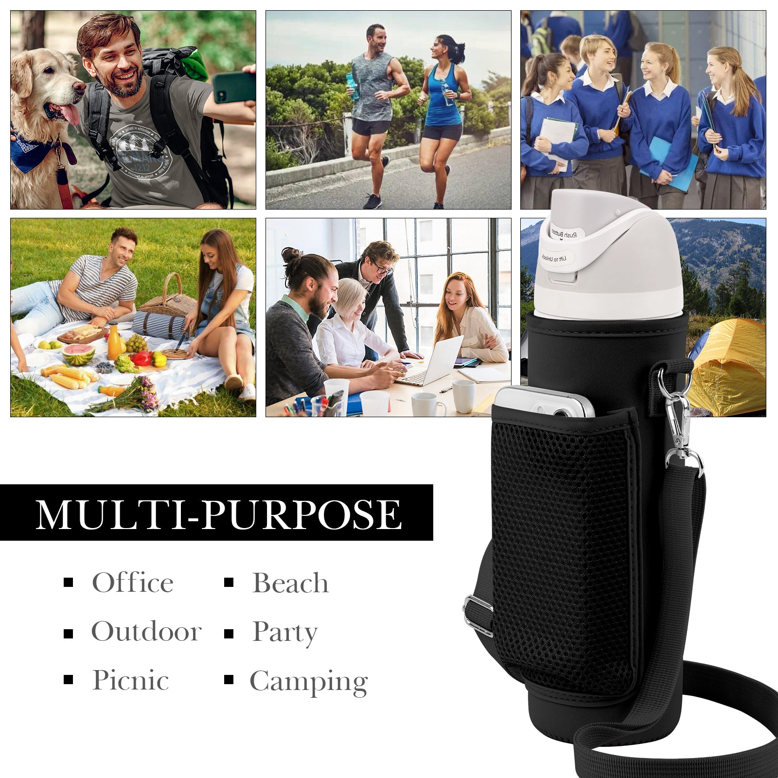 Linkidea Water Bottle Carrier with Shoulder Strap Compatible with Owala FreeSip Bottle 24oz, Waterbottle Sling Bag Holder with Mesh Phone Pocket, Black