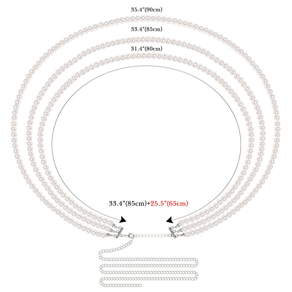 Plus Size Chain Belt for Women, 3 Layers White Pearl Waist Chains, Extra Large Body Chain, 33.4-59 Inch Adjustable Chunky Belt Chain
