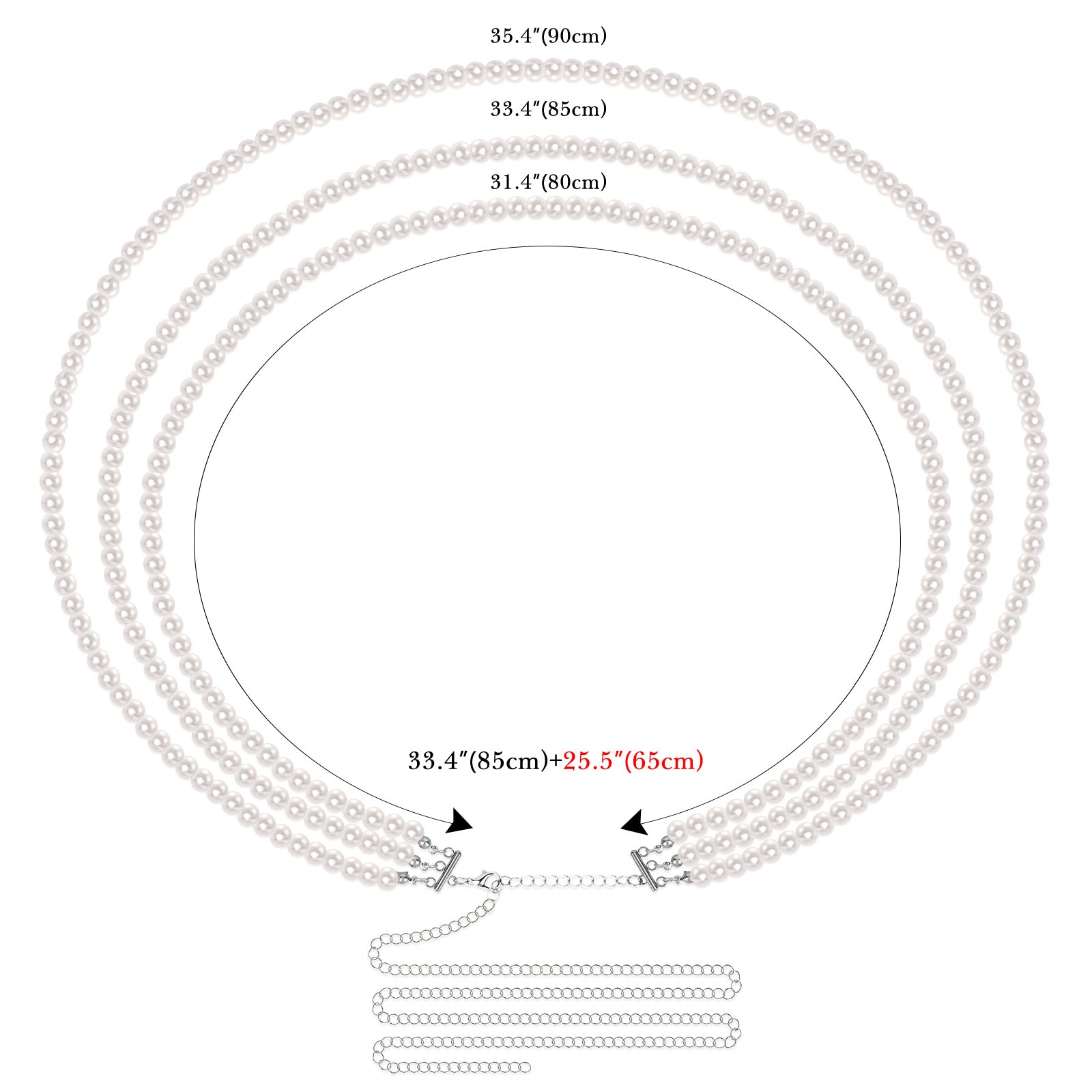 Plus Size Chain Belt for Women, 3 Layers White Pearl Waist Chains, Extra Large Body Chain, 33.4-59 Inch Adjustable Chunky Belt Chain