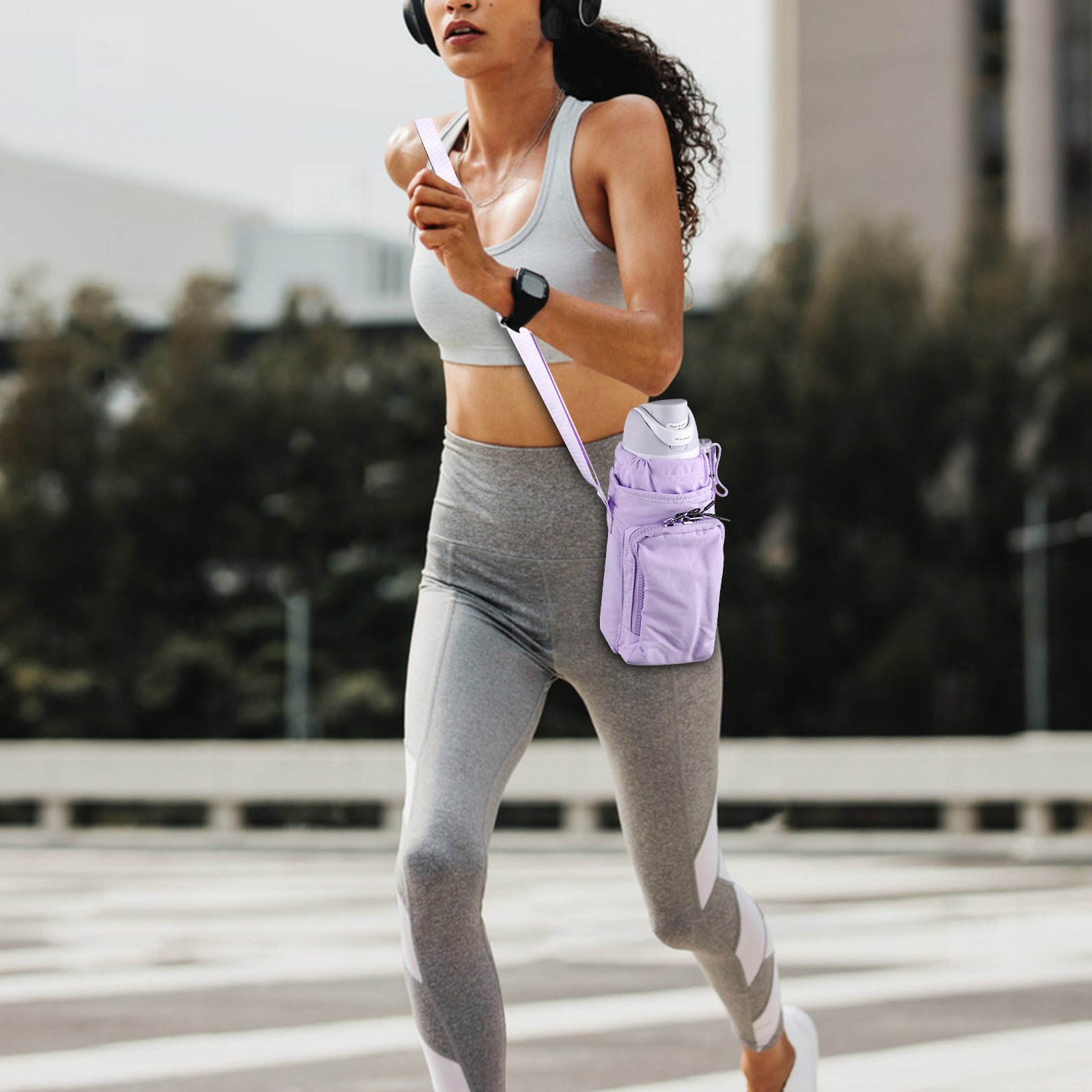 Linkidea Water Bottle Carrier with Strap Compatible with Owala FreeSip 24oz/32oz, IRON FLASK Wide Mouth 32oz, Bottle Shoulder Strap Bag Holder with Phone Pocket (Purple)