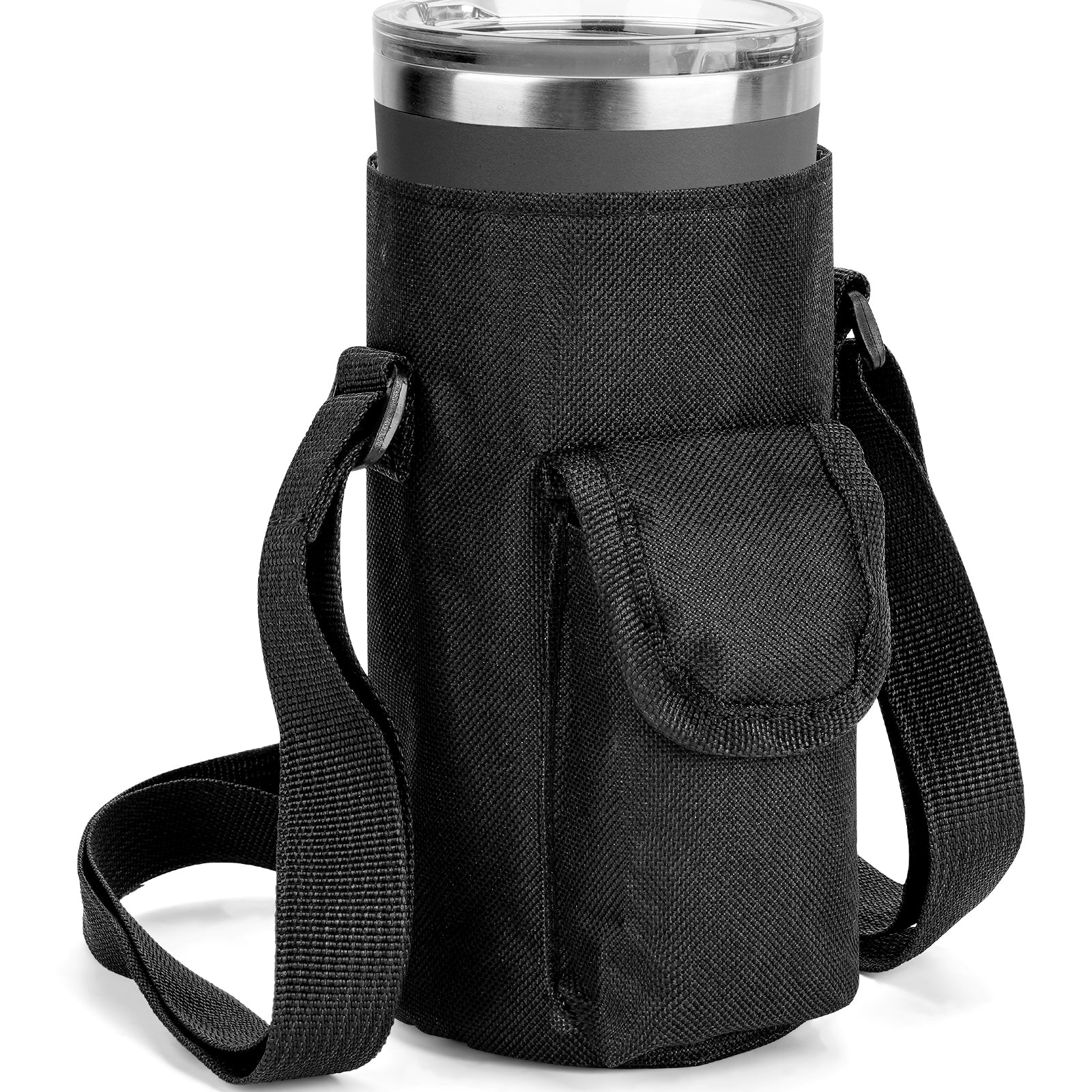 Linkidea Tumbler Carrier with Strap Compatible with YETI Rambler Tumbler 20oz, IRON °FLASK Classic Tumbler 2.0 20/24oz, Coffee Mug Sling Bag Holder, Shoulder Strap with Pocket, Black