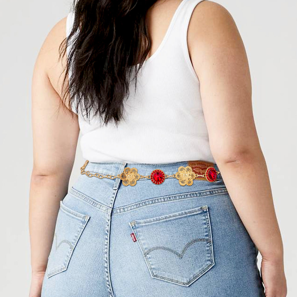 Plus Size Chain Belt for Women, Gold and Red Waist Belt, 51 Inch Adjustable Chunky Fashion Body Chain for Dresses, Party, Casual Wear, Jewelry Accessory (Four Leaf Clover Style)