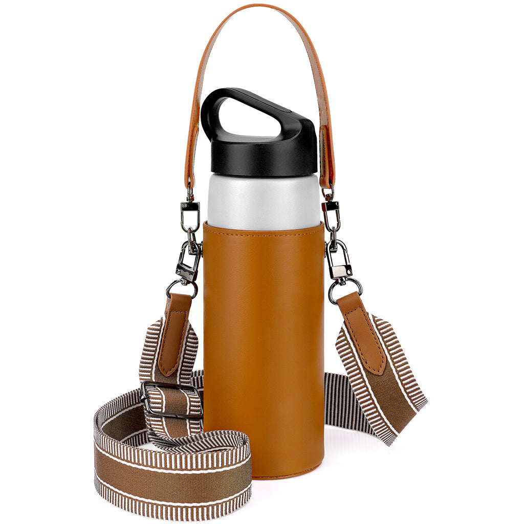 Linkidea Vegan Leather Water Bottle Carrier with Strap Compatible with CamelBak Carry Cap, Waterbottle Sling Bag Holder with Adjustable Shoulder Strap, Brown