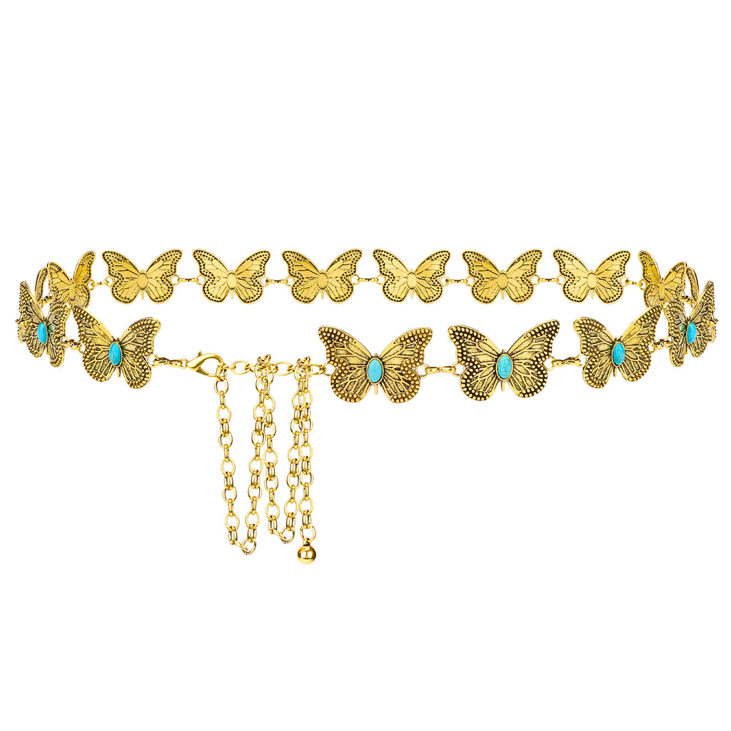 Plus Size Chain Belt for Women, Turquoise Stone Gold Metal Chain Belt Women Belly Waist Chains, Extra Long Body Chain, 59 Inch Adjustable Chunky Belt Chain (Butterfly Style)