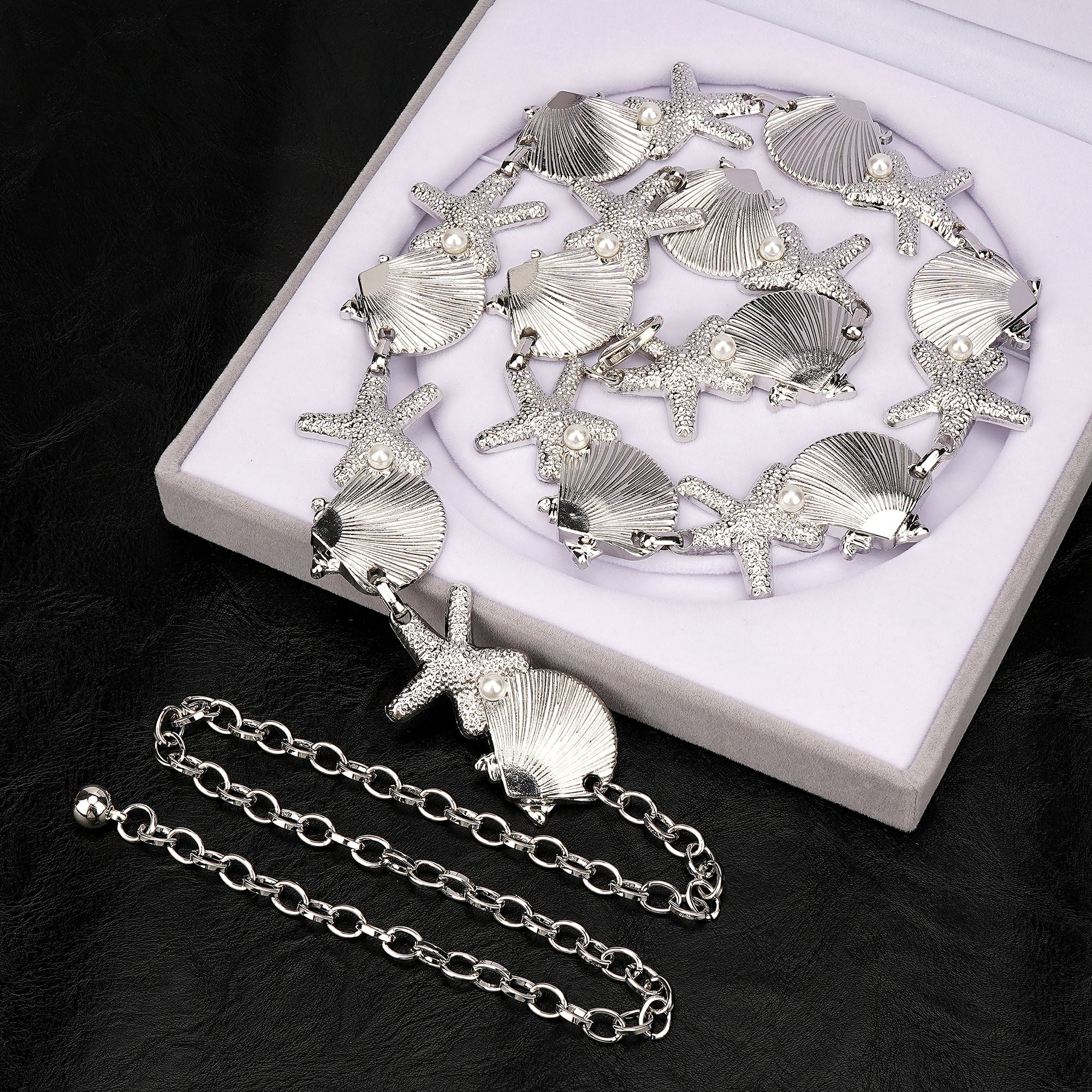 Chain Belt for Women, Silver Shell Starfish with Faux Small Pearls Waist Belt, Max 47 Inch Adjustable Chunky Body Chain for Dresses, Party, Casual Wear, Fashion Jewelry Accessory