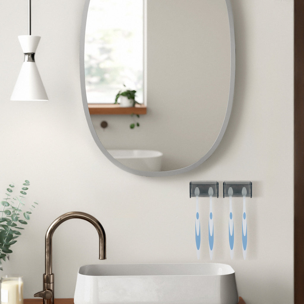 Linkidea 2 Pack Wall Mount Toothbrush Holder with Cover for Bathroom, Shower, Self Adhesive Wallmount 2 Slots Tooth Brush Hanger (Grey)