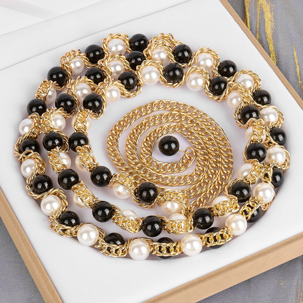 Plus Size Chain Belt for Women, Gold Color and Black White Faux Pearl Waist Chains, Extra Long Body Chain, 31-51 Inch Adjustable Chunky Belt Chain