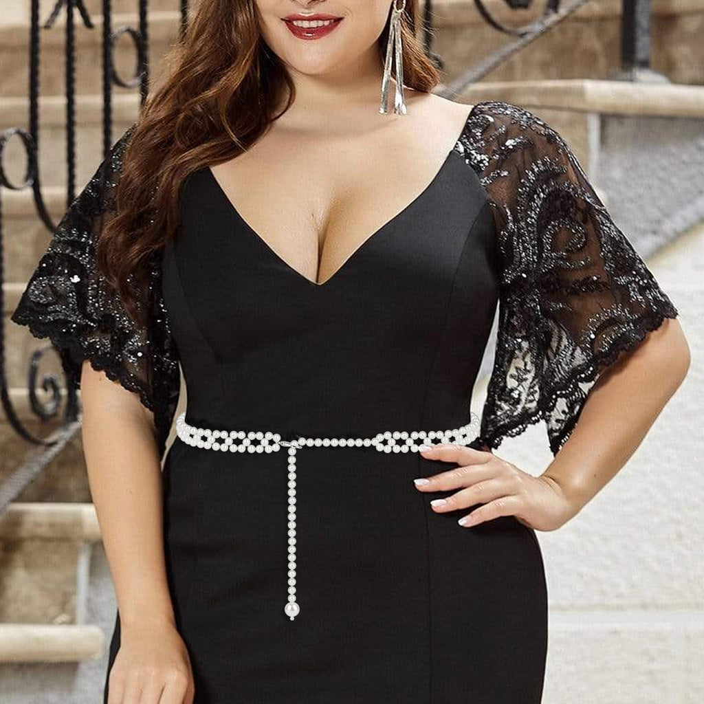 Plus Size Chain Belt for Women, White Pearl Fashion Belly Waist Chains, Stretchable Extra Long Body Chain, 41 Inch Adjustable Chunky Body Accessory (L, White)