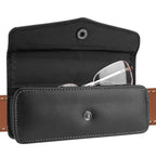 Hard Shell Eyeglasses Case, Black Vegan Leather Portable Eyewear Storage Bag Compatible with Reading Nearsighted Glasses, Can Wear a Belt