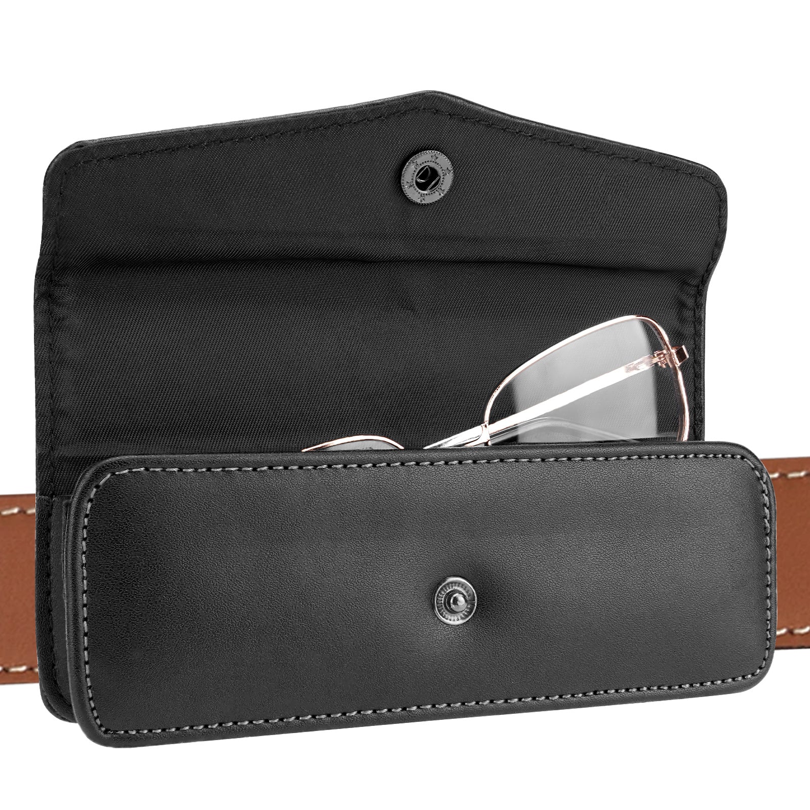 Hard Shell Eyeglasses Case, Black Vegan Leather Portable Eyewear Storage Bag Compatible with Reading Nearsighted Glasses, Can Wear a Belt
