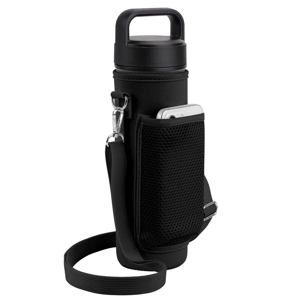 Linkidea Water Bottle Carrier with Shoulder Strap Compatible with YETI Rambler Bottle 26oz, Yonder 25oz, Waterbottle Sling Bag Holder with Mesh Phone Pocket, Black