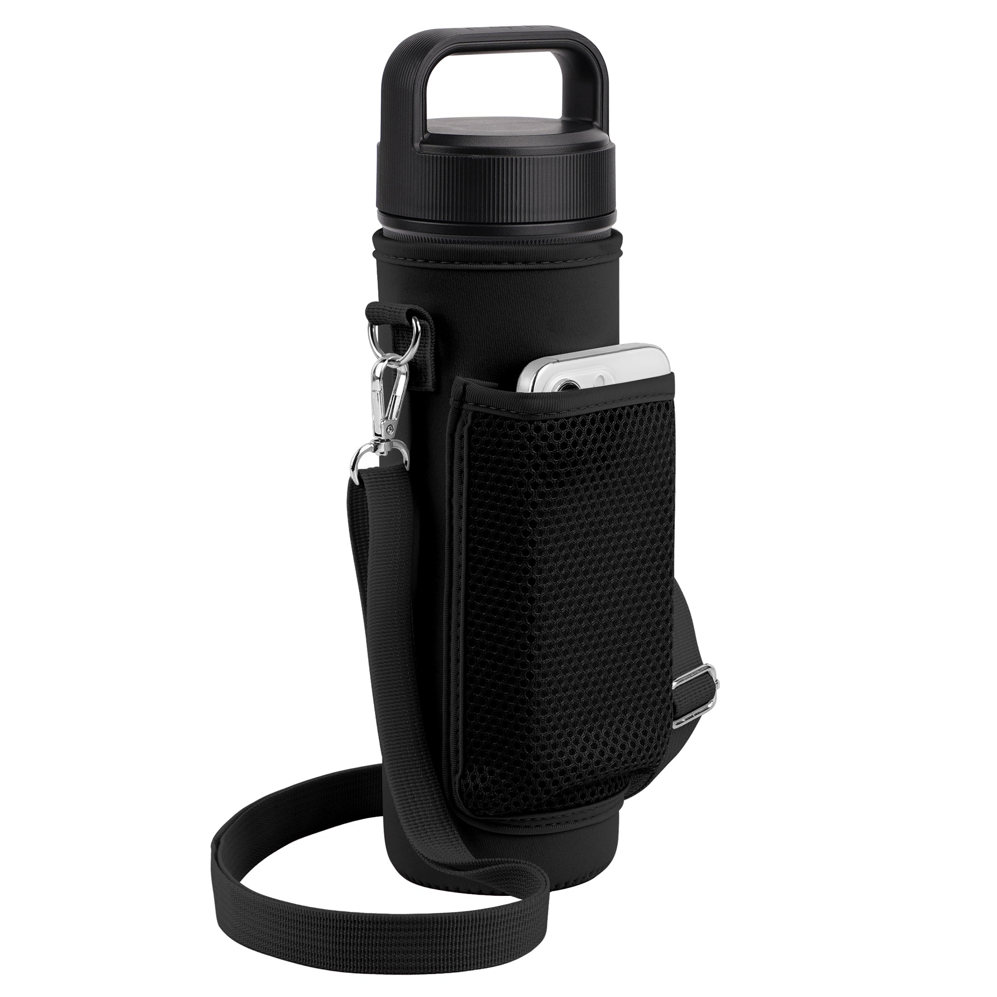 Linkidea Water Bottle Carrier with Shoulder Strap Compatible with YETI Rambler Bottle 26oz, Yonder 25oz, Waterbottle Sling Bag Holder with Mesh Phone Pocket, Black