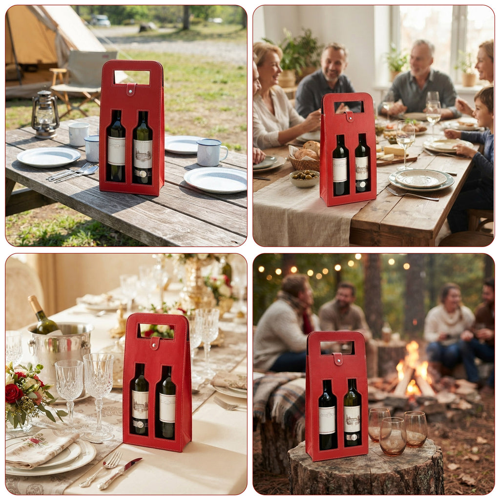 Linkidea Luxury Wine Gift Bag 2 Bottles, Leather Tote Carrier with Handle for Gifting/Business/Festive Occasions (Red)