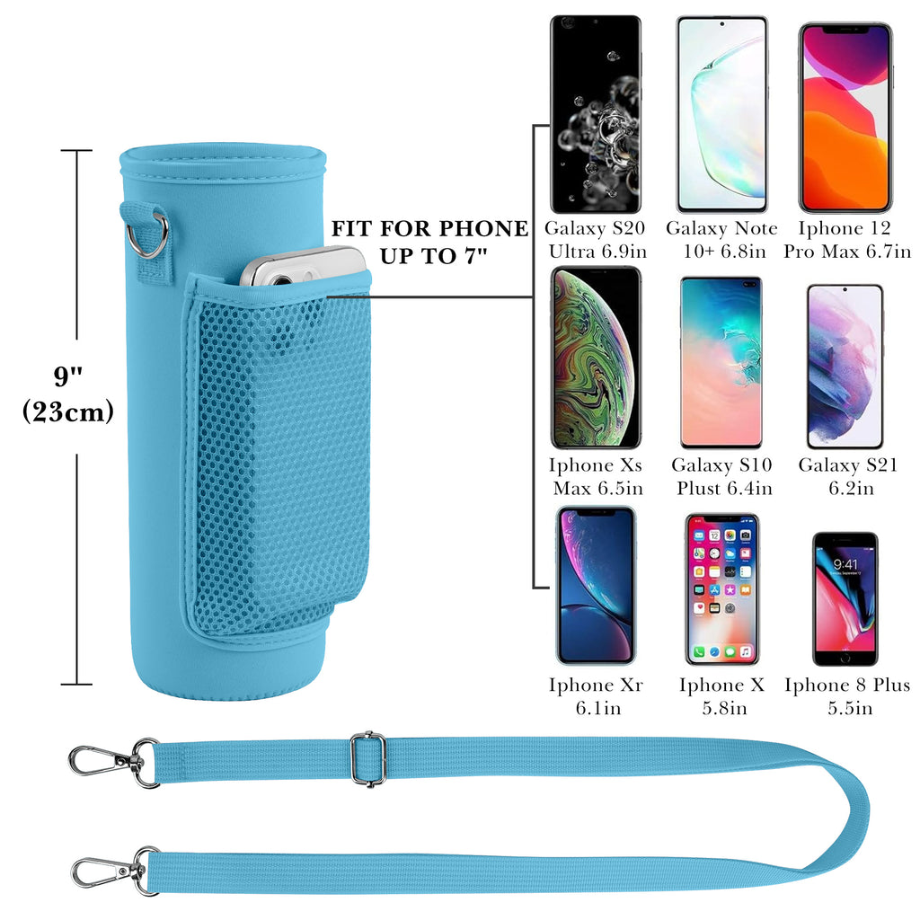 Linkidea Water Bottle Carrier with Shoulder Strap Compatible with YETI Rambler Bottle 26oz, Yonder 25oz, Waterbottle Sling Bag Holder with Mesh Phone Pocket, Blue