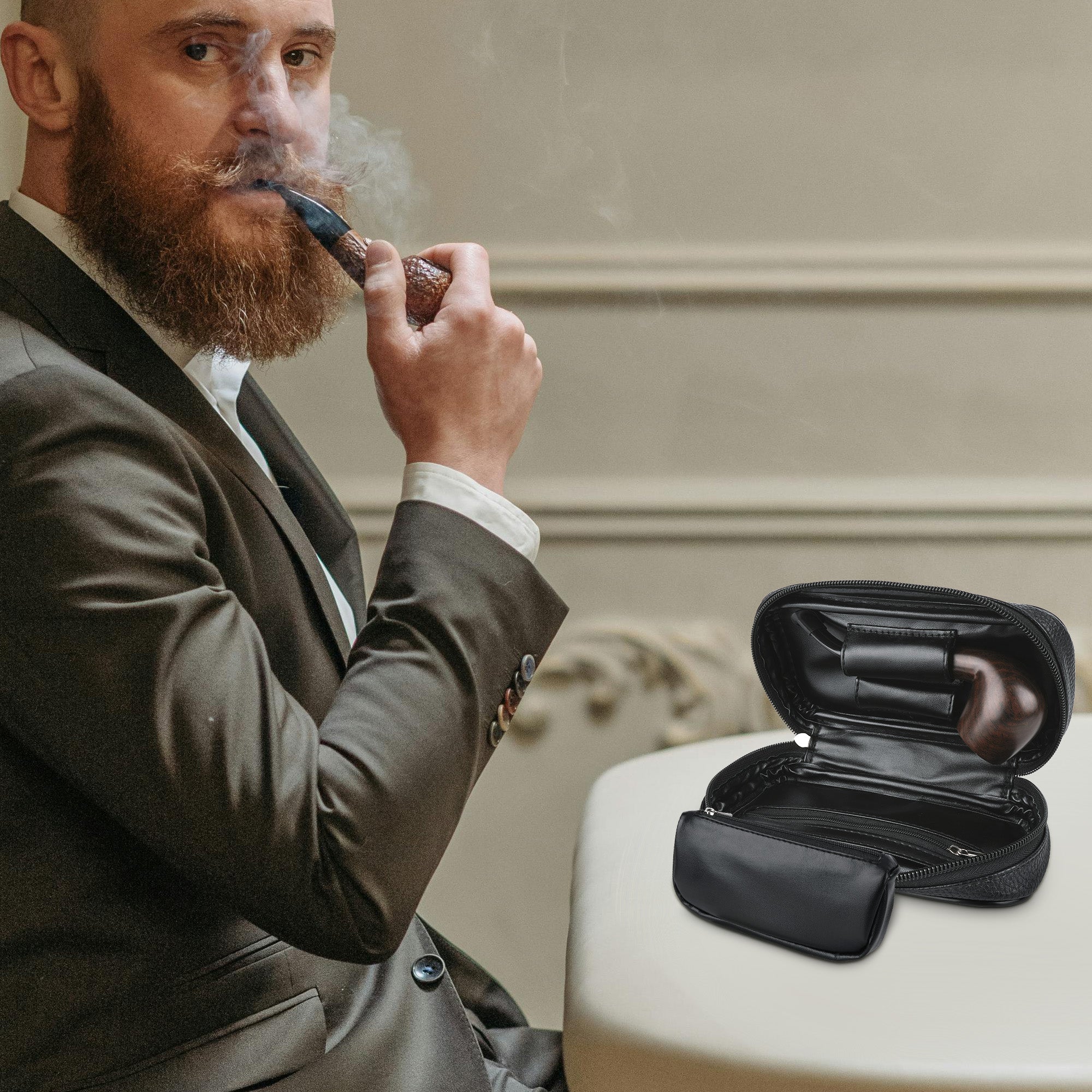Linkidea Vegan Leather Tobacco Pipe Bag, Travel Pipe Organizer Pouch for Tobacco Pipes & Accessories, Portable Protective Storage Case for Gifts (Black)