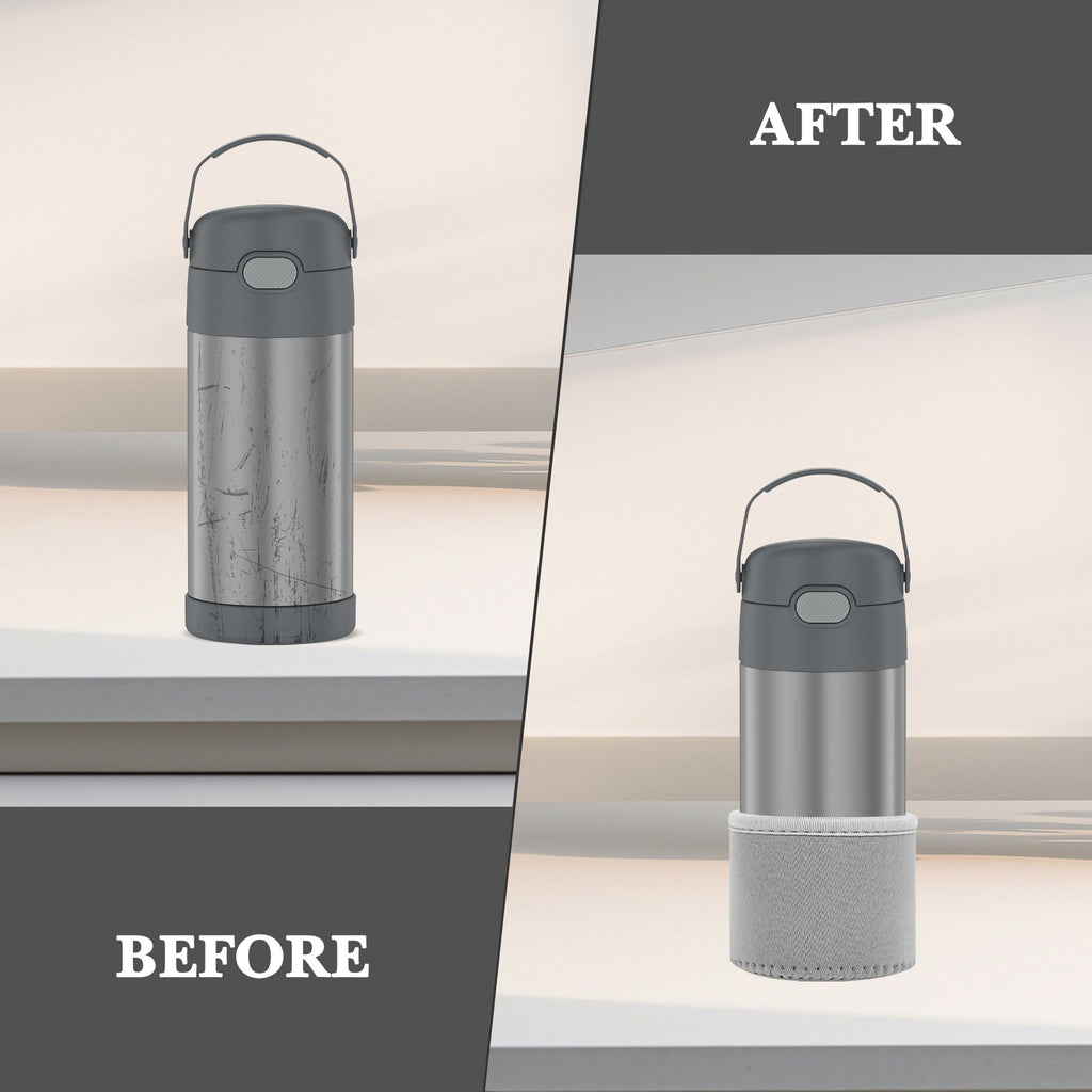 Linkidea 2 Pack Neoprene Water Bottle Boot Compatible with Thermos FUNTAINER Steel/Tritan 12oz/16oz, Ion8 Sport 12oz, JARLSON, Universal 2.3" - 2.7" Bottle Bottom Bumper Protector (Grey)