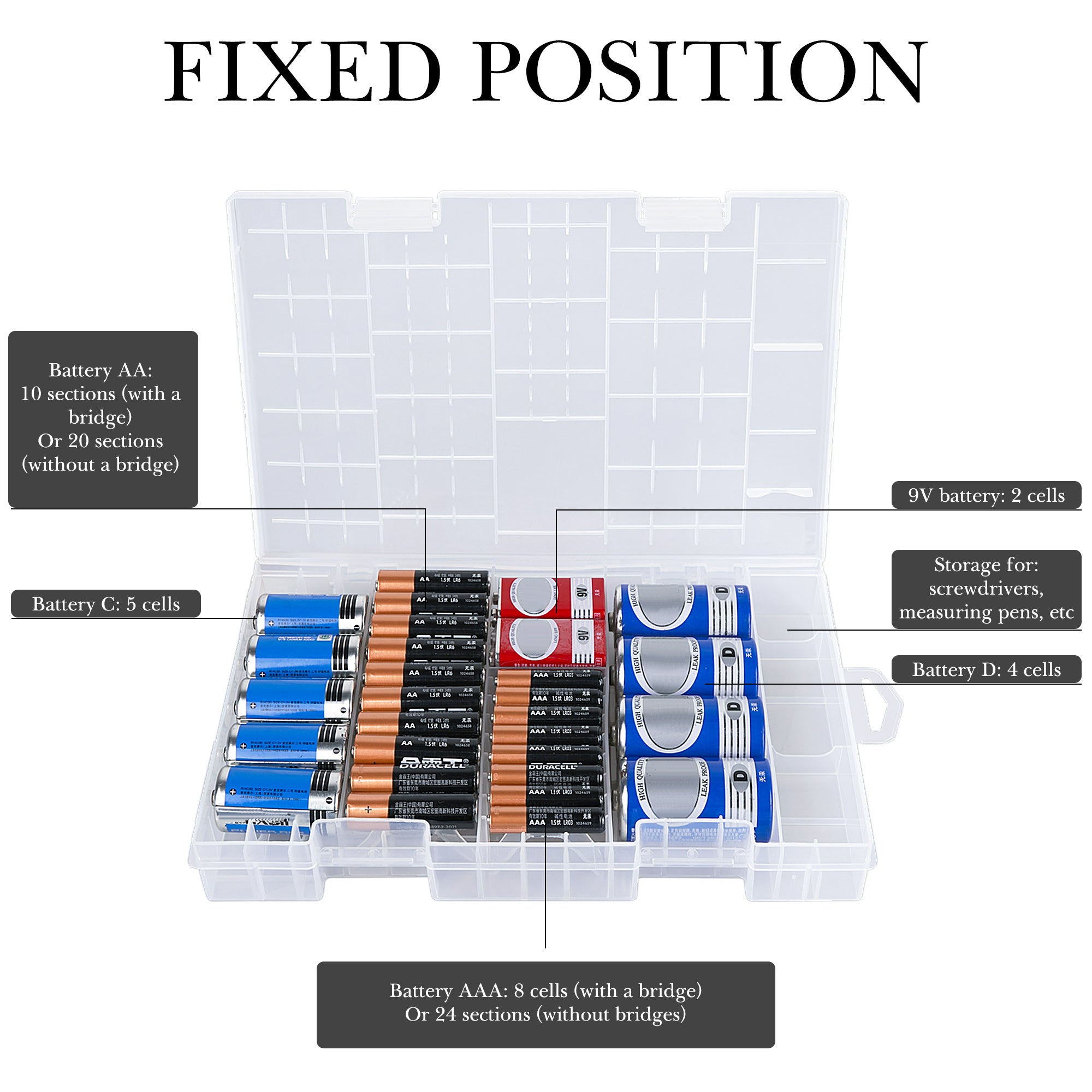 Linkidea Plastic Battery Organizer Case for AA/AAA/C/D/9V, Storage Box Holds 29 Batteries with Dividers, Portable for Home & Outdoor (Clear)