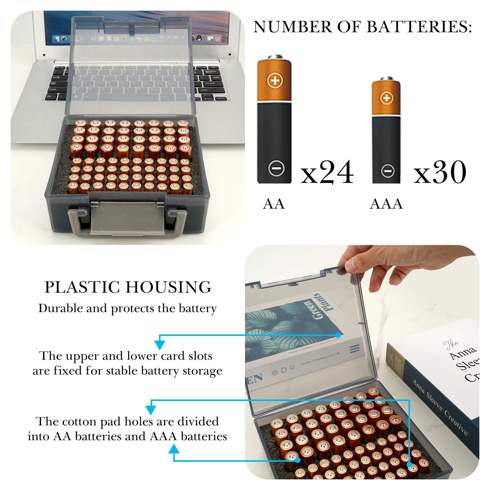 Linkidea Battery Organizer Storage Case with Handle, Single Battery Box Holds Batteries for 24 AA and 30 AAA, Large Capacity and Portable Battery Caddy (Black)