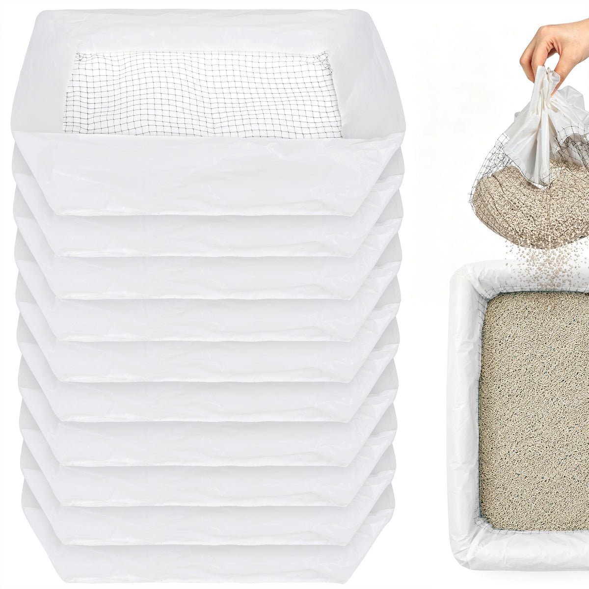 10 Pack Cat Litter Sifting Liners with Built-In Mesh Filter, Tear-Resistant Disposable Litter Box Bags, Easy Clean Liners for Open, Covered and Drawer Litter Boxes